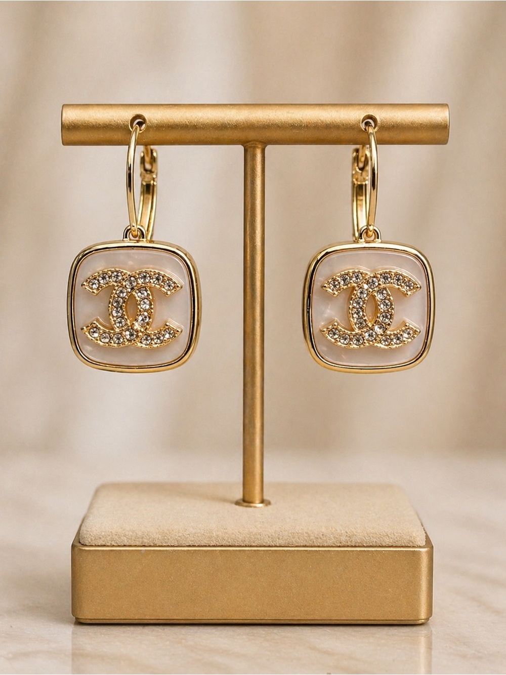 Fashion Gold toned & Cream Crystal CC Drop Earrings- New